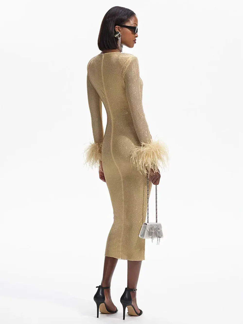 Long Sleeve Feathers Rhinestone Midi Dress Mssaz Desses
