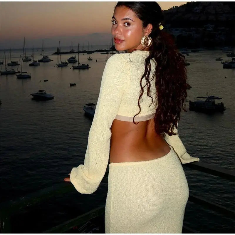 Knitted Hollow Out Solid O-neck Slit Maxi Dress Mssaz Desses