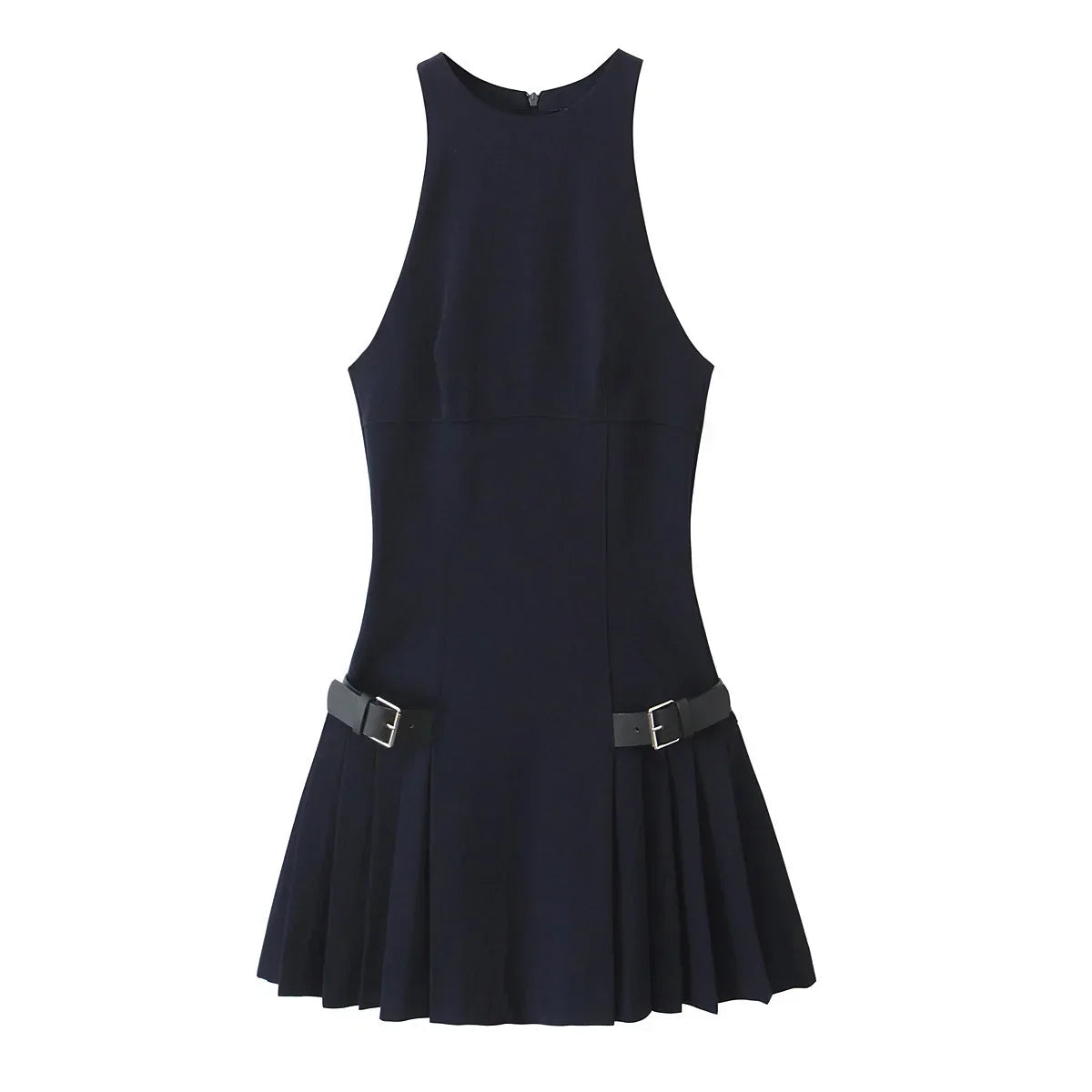 Solid Sleeveless Back Zipper Belt Pleated Dress Mssaz Desses