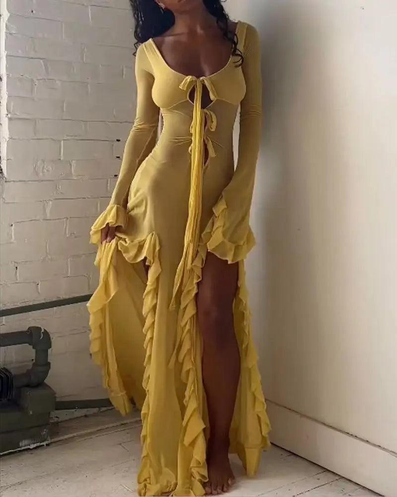 Slim-Fit See-Through V-Neck Long Sleeve Dress Mssaz Desses