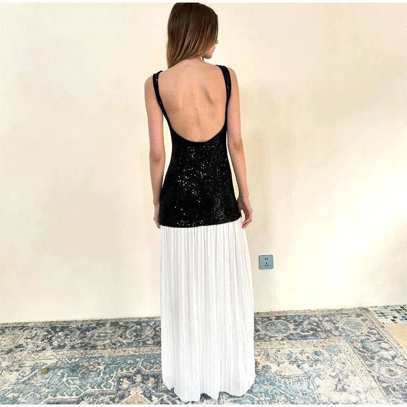 Sequined Patchwork Backless Long Dress Mssaz Desses