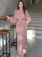 Turtleneck Pullover Solid Sweater Dress With Belt Mssaz Desses