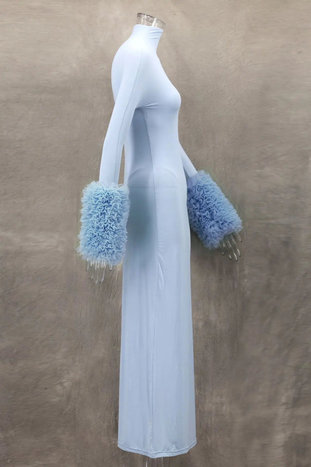 Ruffle Pleated Sleeve Blue Long Dress for Women Mssaz Desses