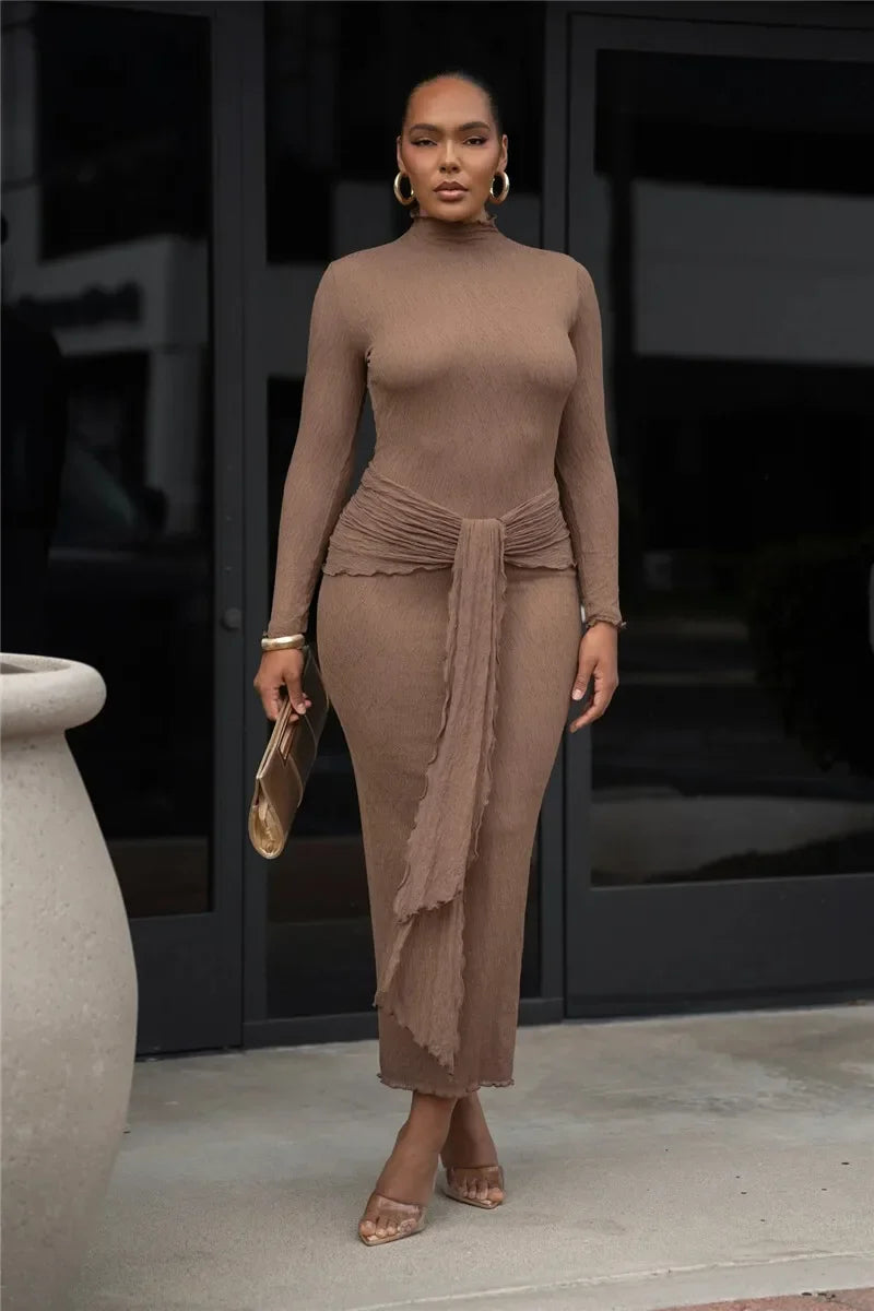 Long Sleeve Drape Turtleneck Maxi Dress Mssaz Desses