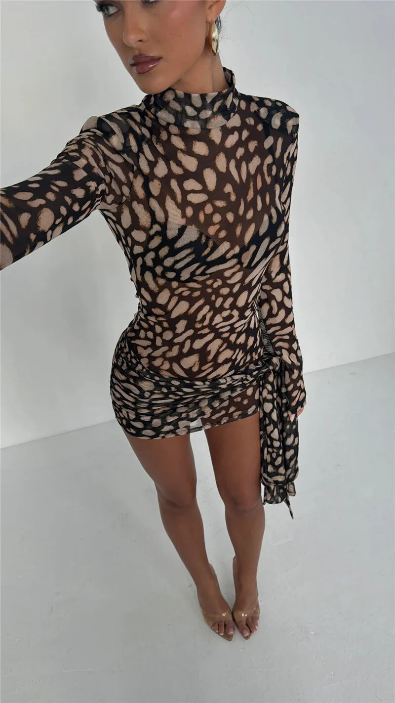 Mesh Leopard Print Turtleneck Mini Dress Mssaz Desses