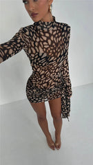 Mesh Leopard Print Turtleneck Mini Dress Mssaz Desses