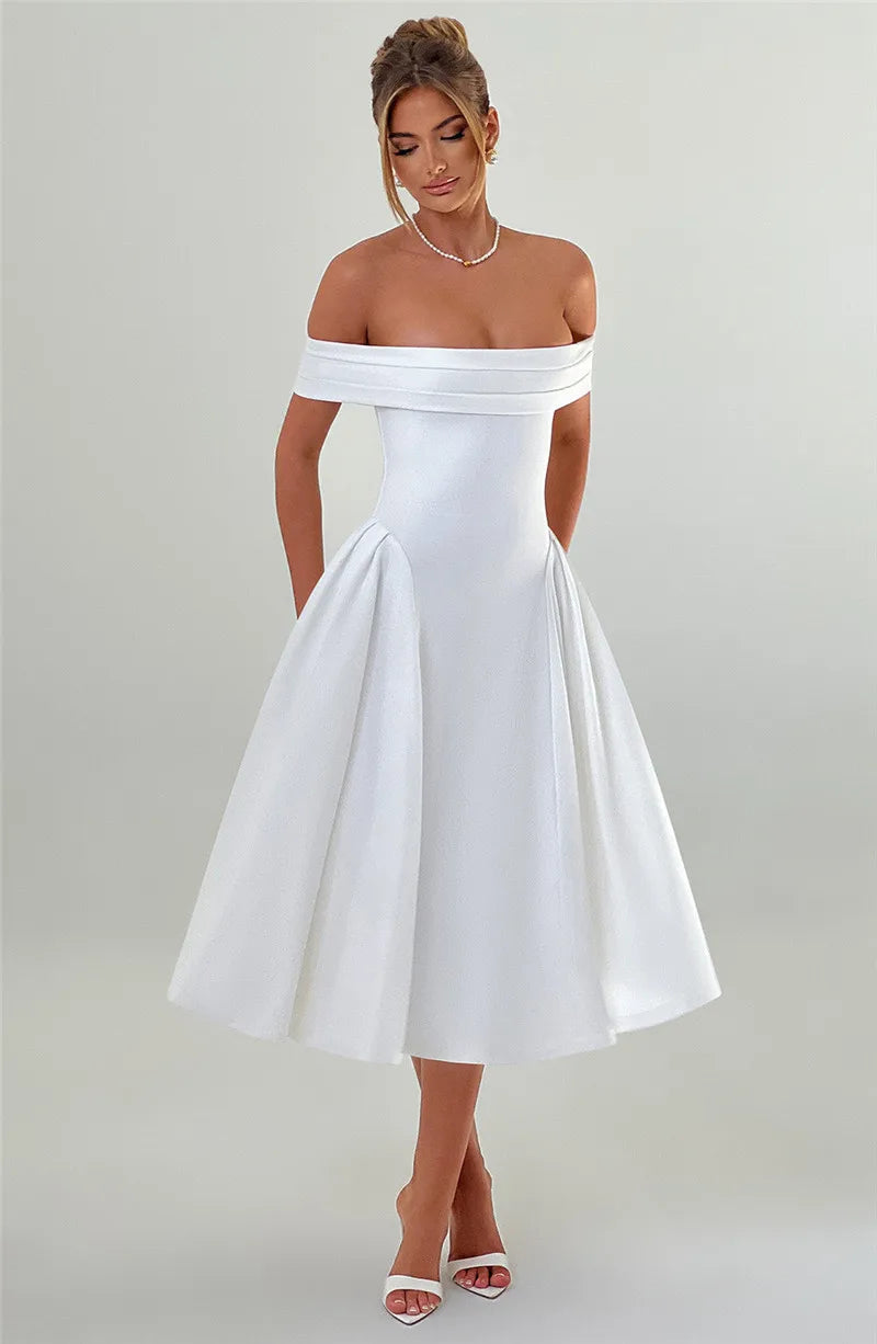 Off-Shoulder Flare Midi Dress Mssaz Desses