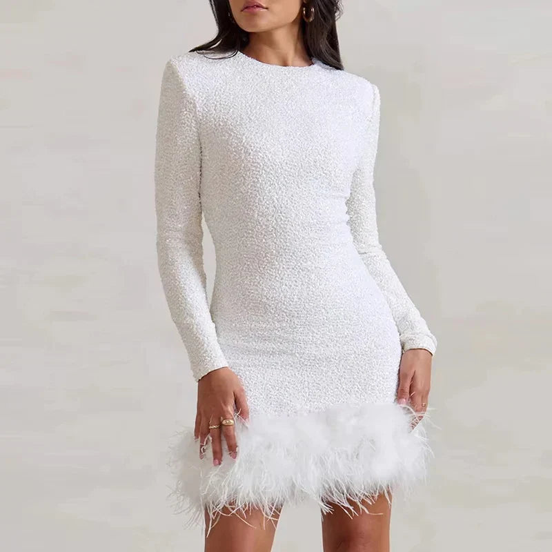 Long Sleeve Slim Sequins Feather Dress Mssaz Desses