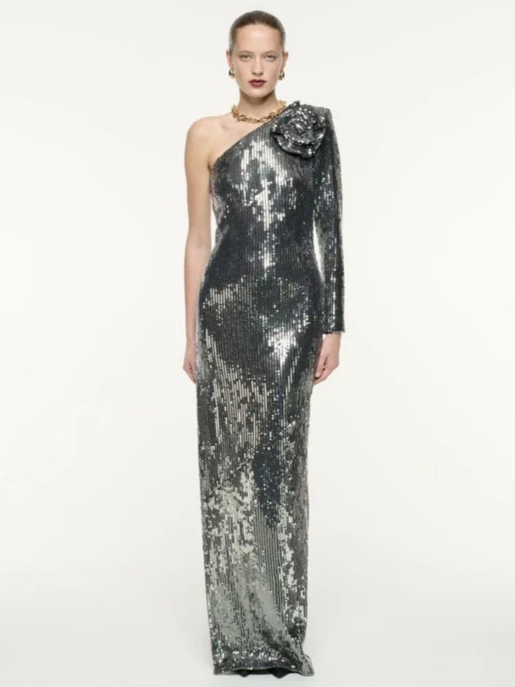 One Shoulder 3D Flower Sequin Dress Mssaz Desses