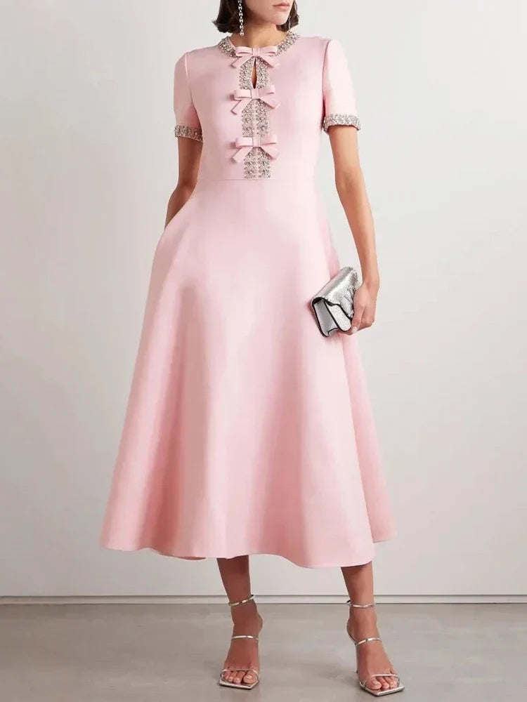 Diamond Edge Bowknot Short Sleeve Midi Dress Mssaz Desses