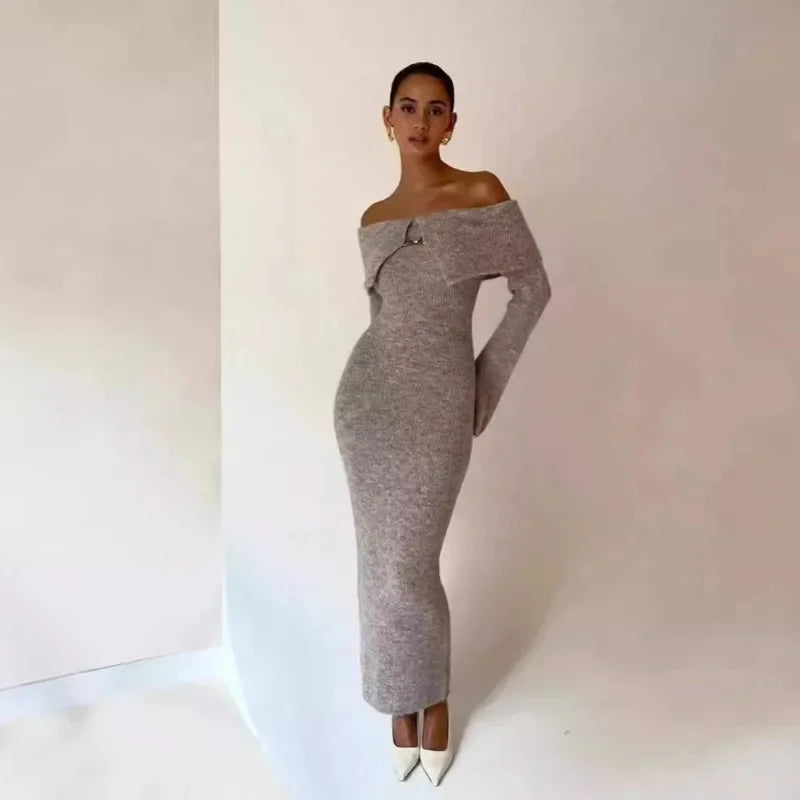 Fluffy Solid Knitted Off Shoulder Midi Dress Mssaz Desses