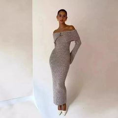 Fluffy Solid Knitted Off Shoulder Midi Dress Mssaz Desses