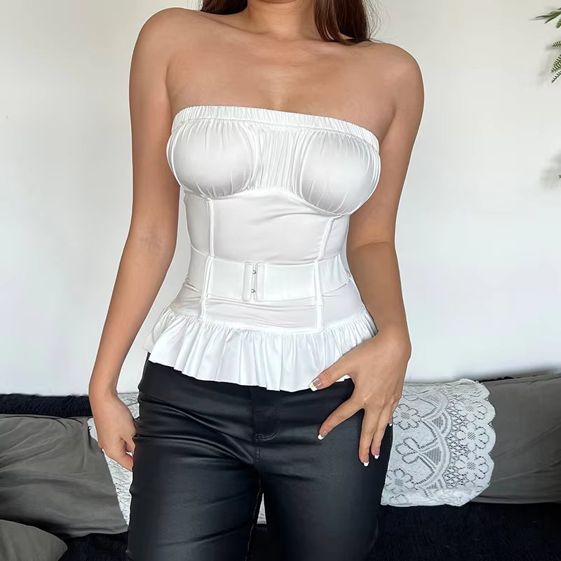 Ruched Patchwork Buckle Strapless Elastic Chest Wrapping Backless Ruffles Cleavage Tank Topst Mssza