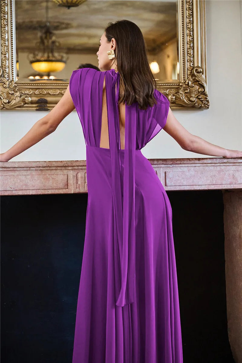Deep V Purple Maxi Dress High Slit Mssaz Desses