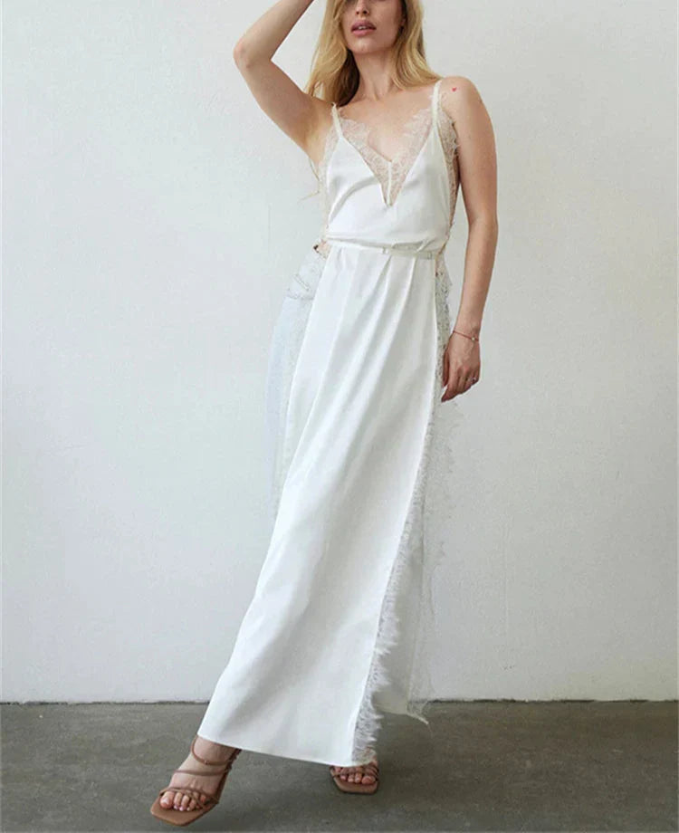 Lace Satin Patchwork High Split Maxi Dress Mssaz Desses