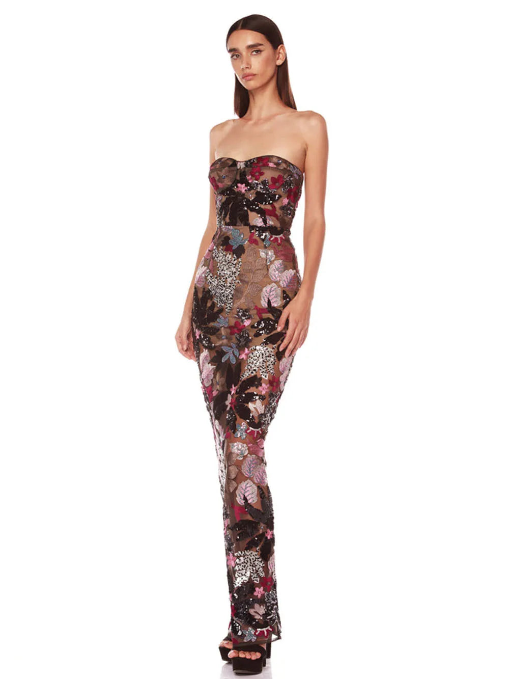 Sequin Floral Strapless Maxi Dress Mssaz Desses