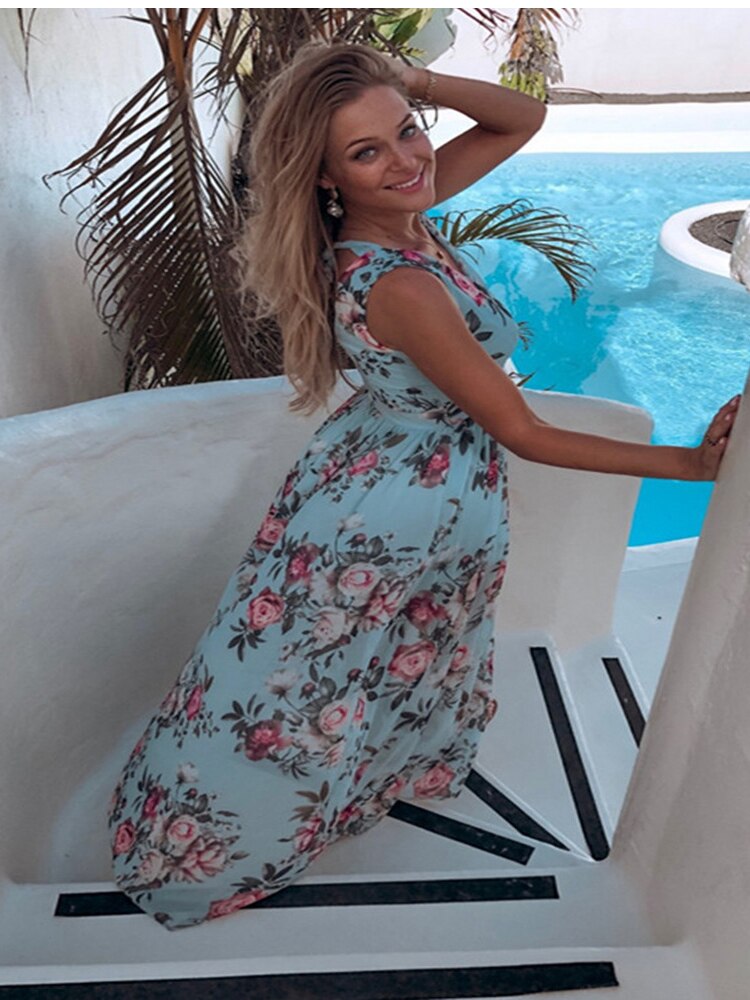 Chiffon V-neck Sleeveless Print Maxi Dress Mssaz Desses