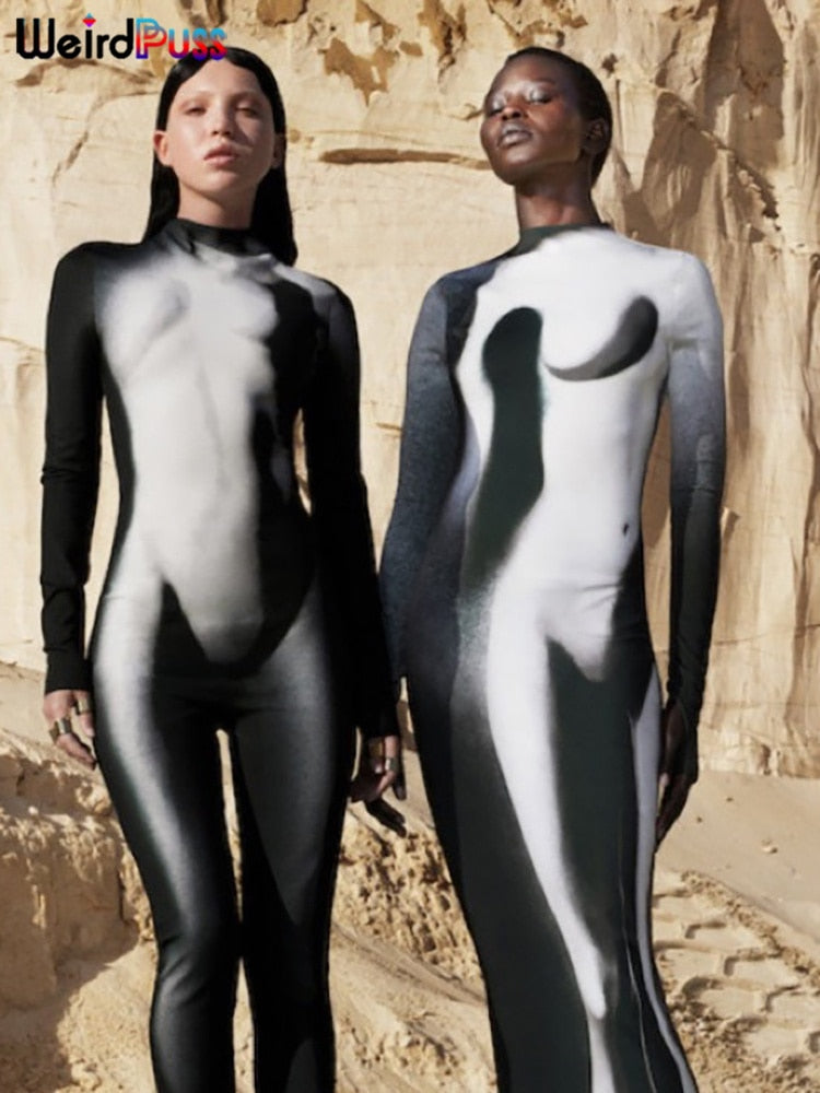Weird Puss Gradient Maxi Dress Skinny Stretchy Long Sleeve O-Neck Trend Bodycon Mssaz Desses