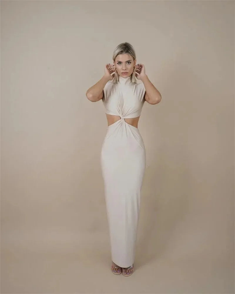Hollow Out Turtleneck Solid Maxi Dress Mssaz Desses