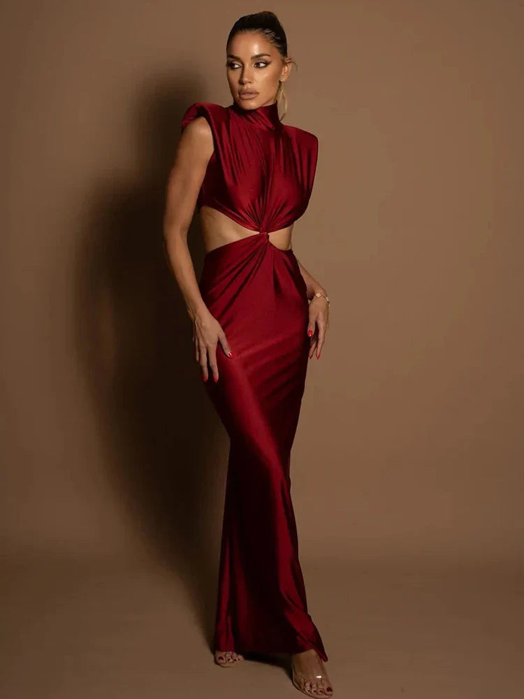 Hollow Out Turtleneck Solid Maxi Dress Mssaz Desses