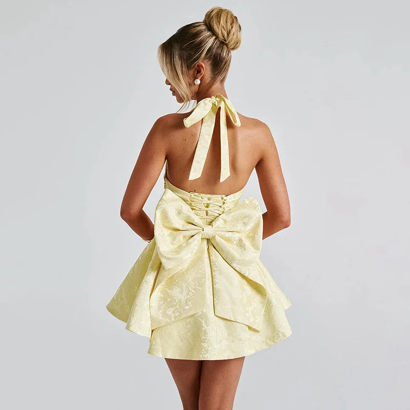 Bow Deep V Halter Backless A-line Dress Mssaz Desses