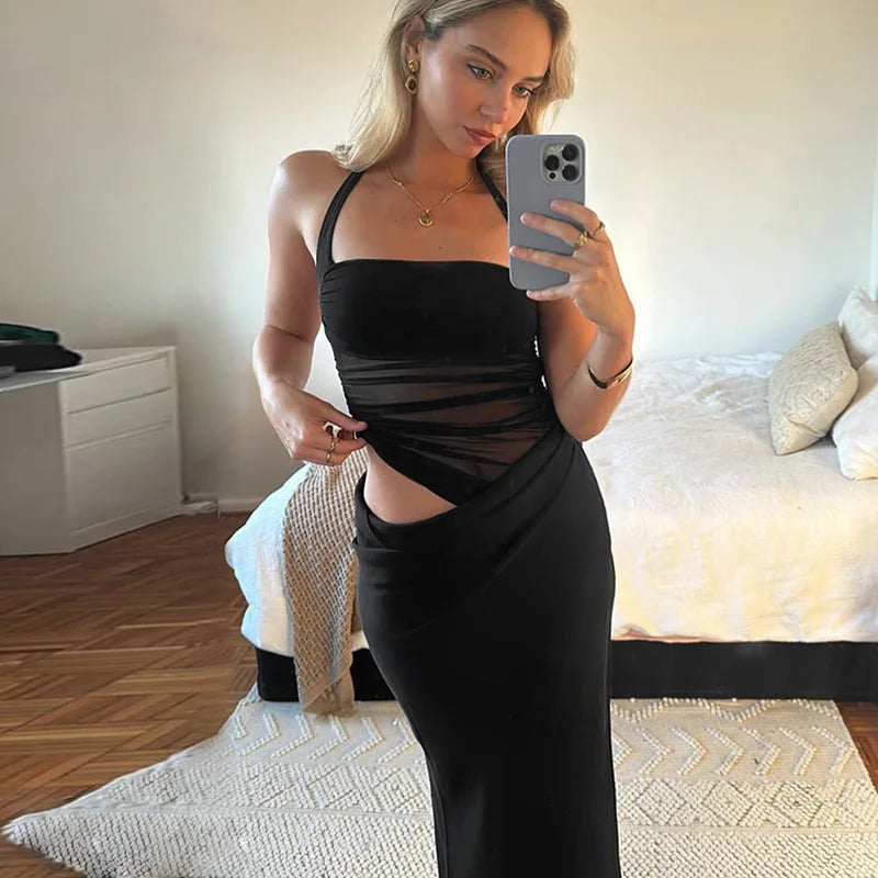 Mesh Patchwork Backless Halter Bodycon Gown Mssaz Desses