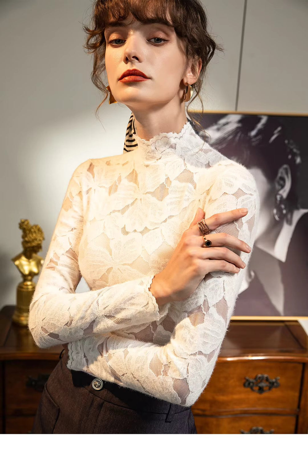 See Through Brushed Lace Shirt Long Sleeved T-shirt Mssza