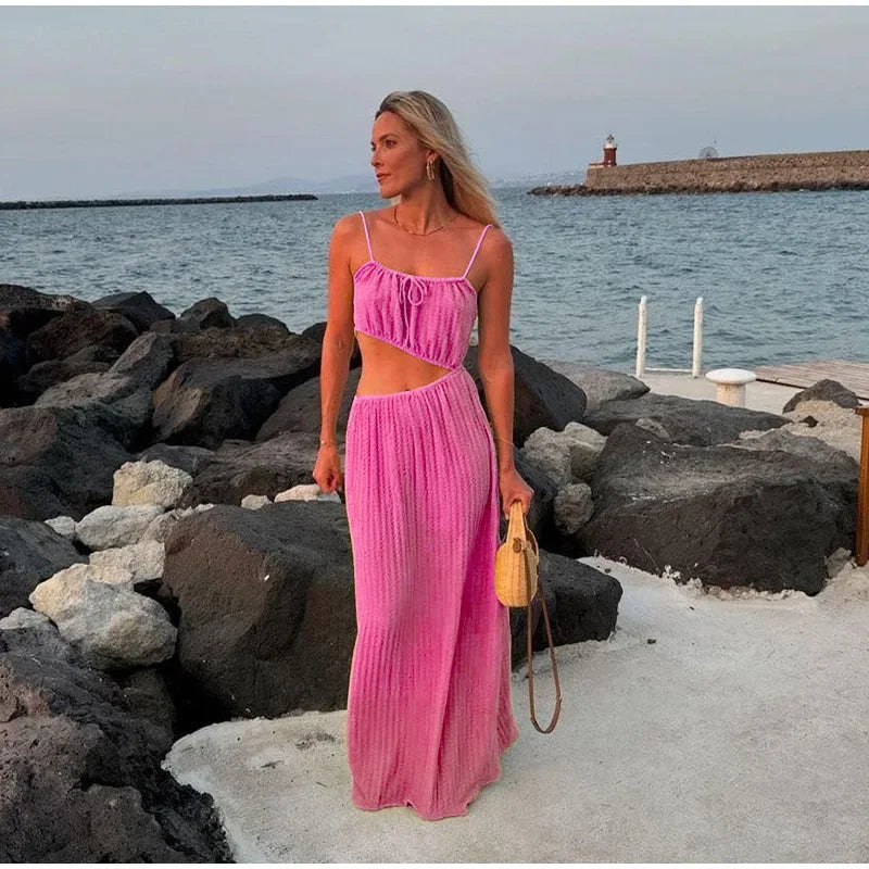 Lace Up Solid Color Open Back Long Dress Mssaz Desses