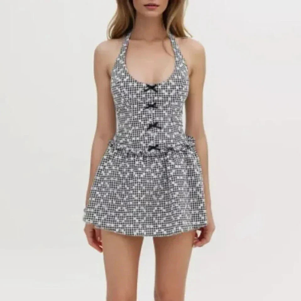 Gray Embroidery White Flower Bow Halter Mini Dress Mssaz Desses