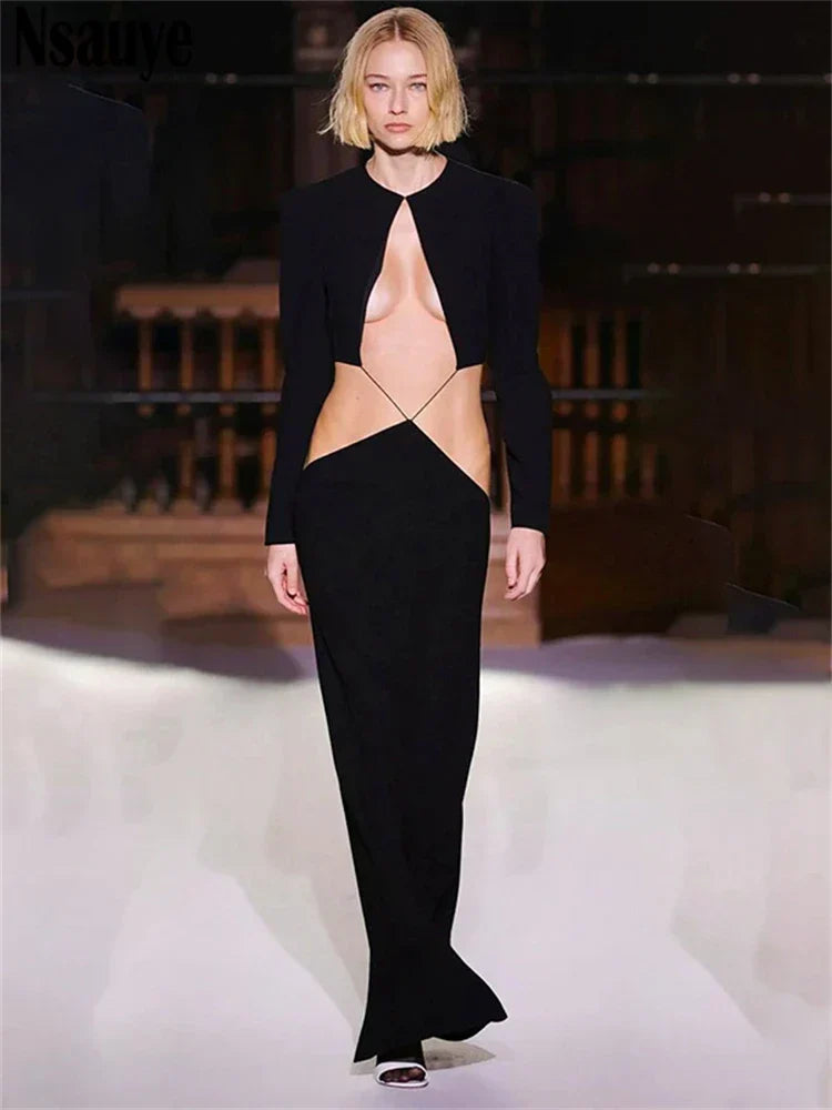 Black Cut Out Long Sleeve Dress Y2K Party Dress Mssaz Desses