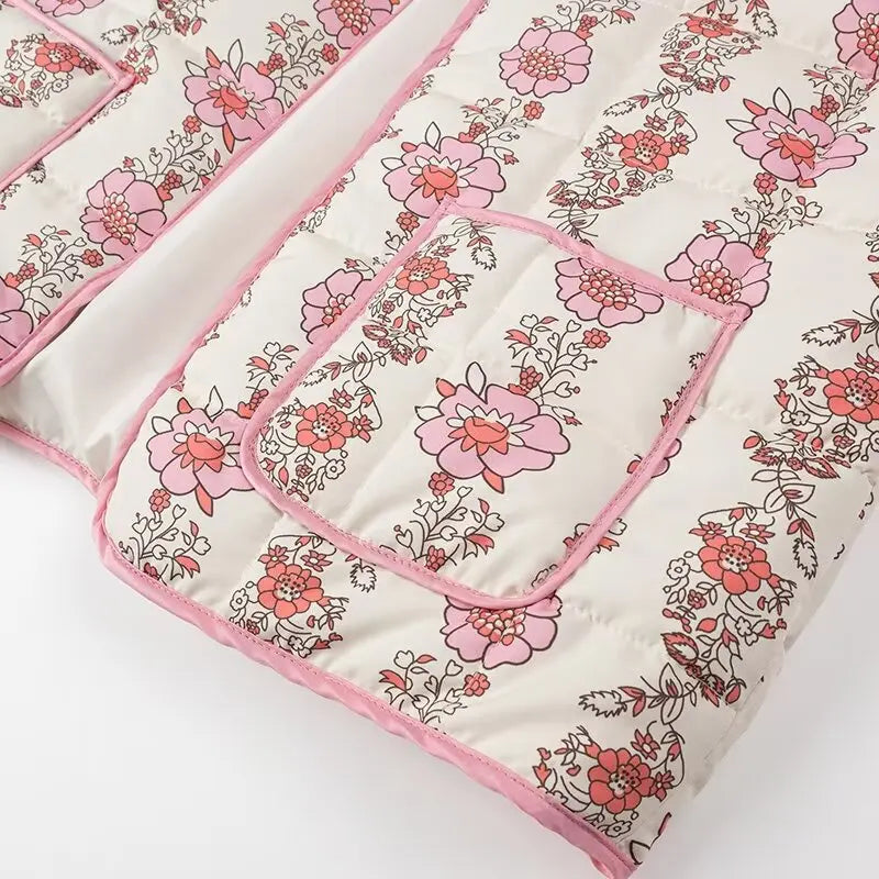 Pink Flower Print Stand neck Quilted Jacket Mssaz Desses