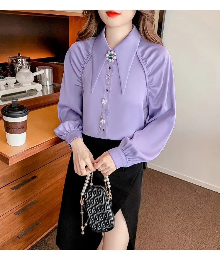 Beading Diamonds Korean Single-breasted  Elegant Lapel Shirt Mssza