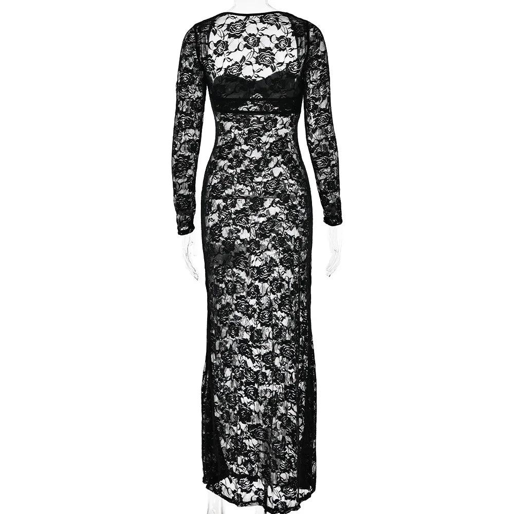 Perspective Lace Hollow Out Bodycon Maxi Dress Mssaz Desses