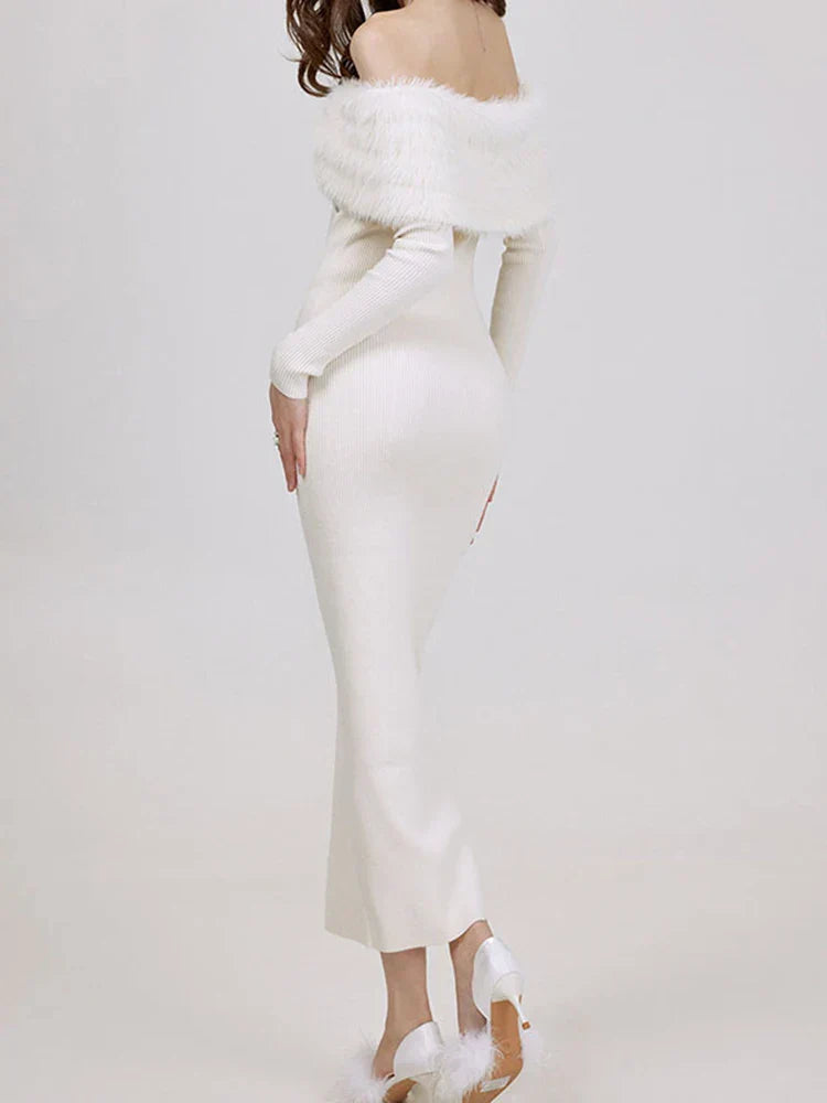 Patchwork Fur Collar Slash Neck Diamond Dress Mssaz Desses