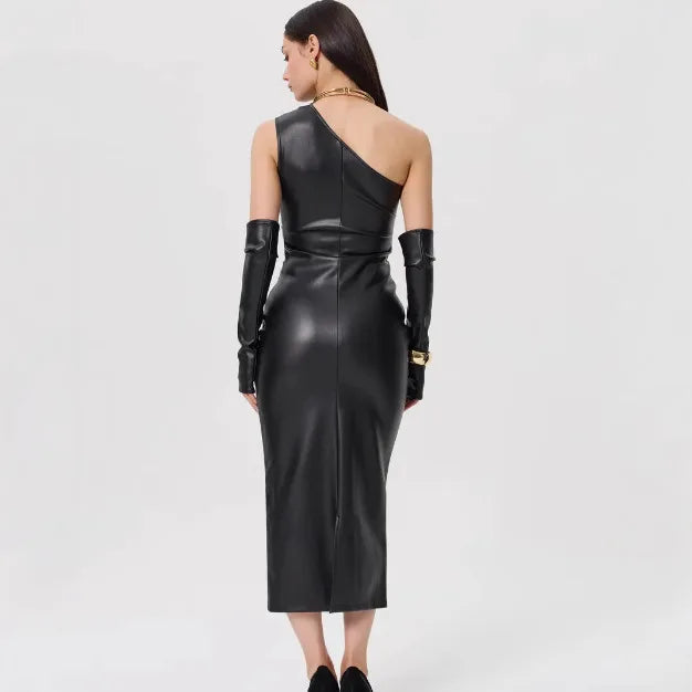 Off-Shoulder Strapless Faux Leather Patchwork Dress Mssaz Desses