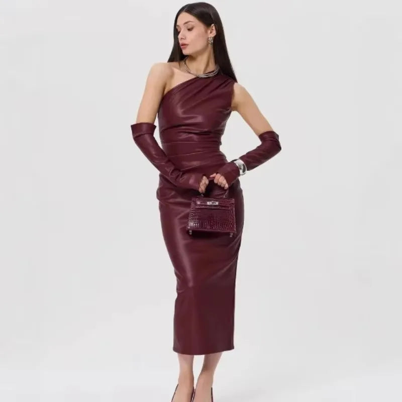 Off-Shoulder Strapless Faux Leather Patchwork Dress Mssaz Desses