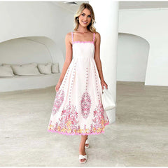 Square Collar Print Flower Sling Long Dress Mssaz Desses