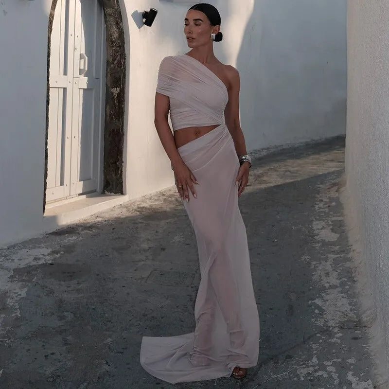 Mesh Backless One-Shoulder Long Dress Mssaz Desses