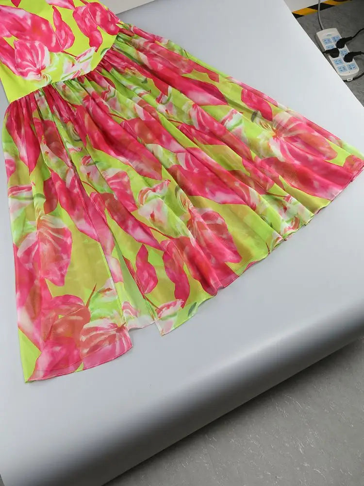 Strapless Retro Print Split Long Dress Mssaz Desses