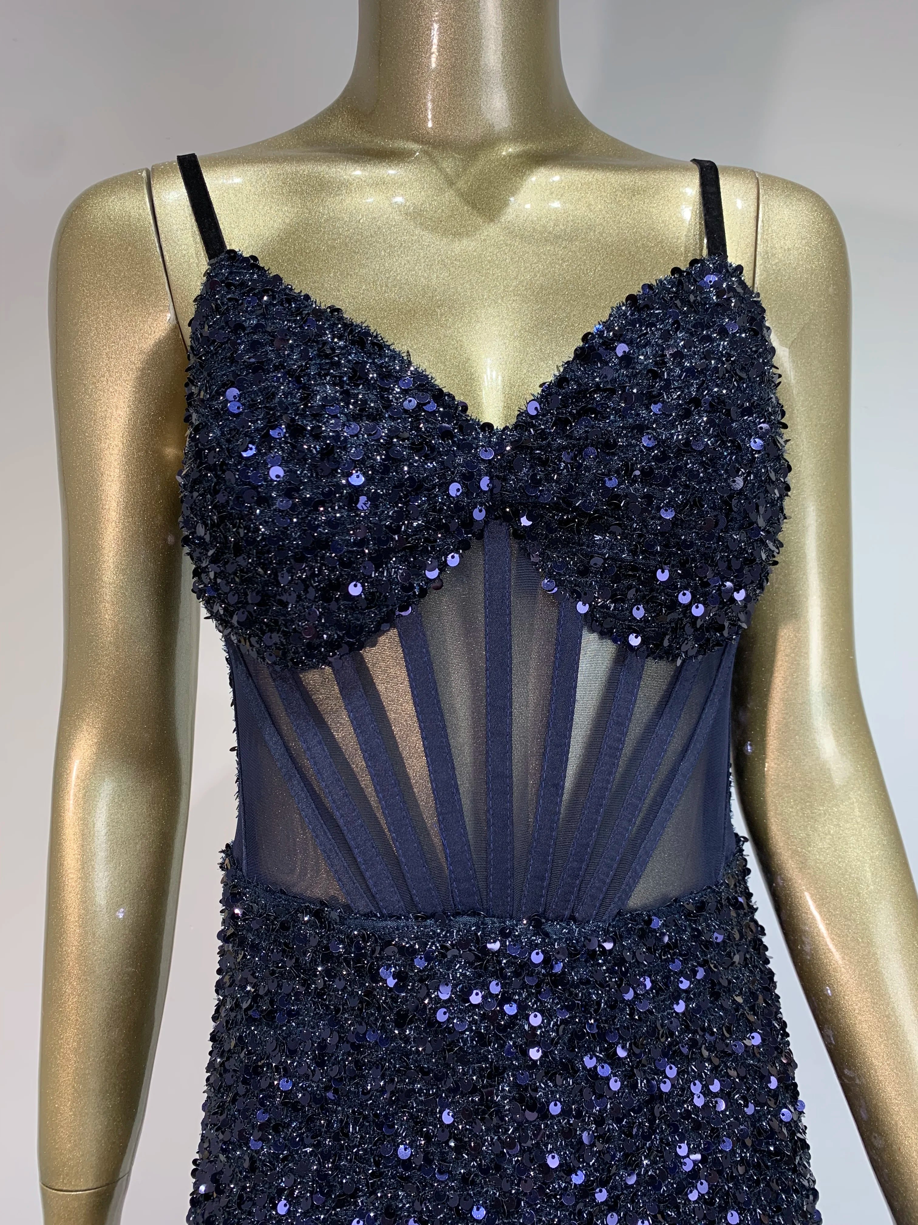 Mesh Sequins Blue Feather Long Dress Mssaz Desses