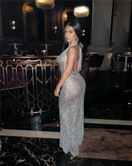 Halter Neck Backless Glitter Long Dress Mssaz Desses