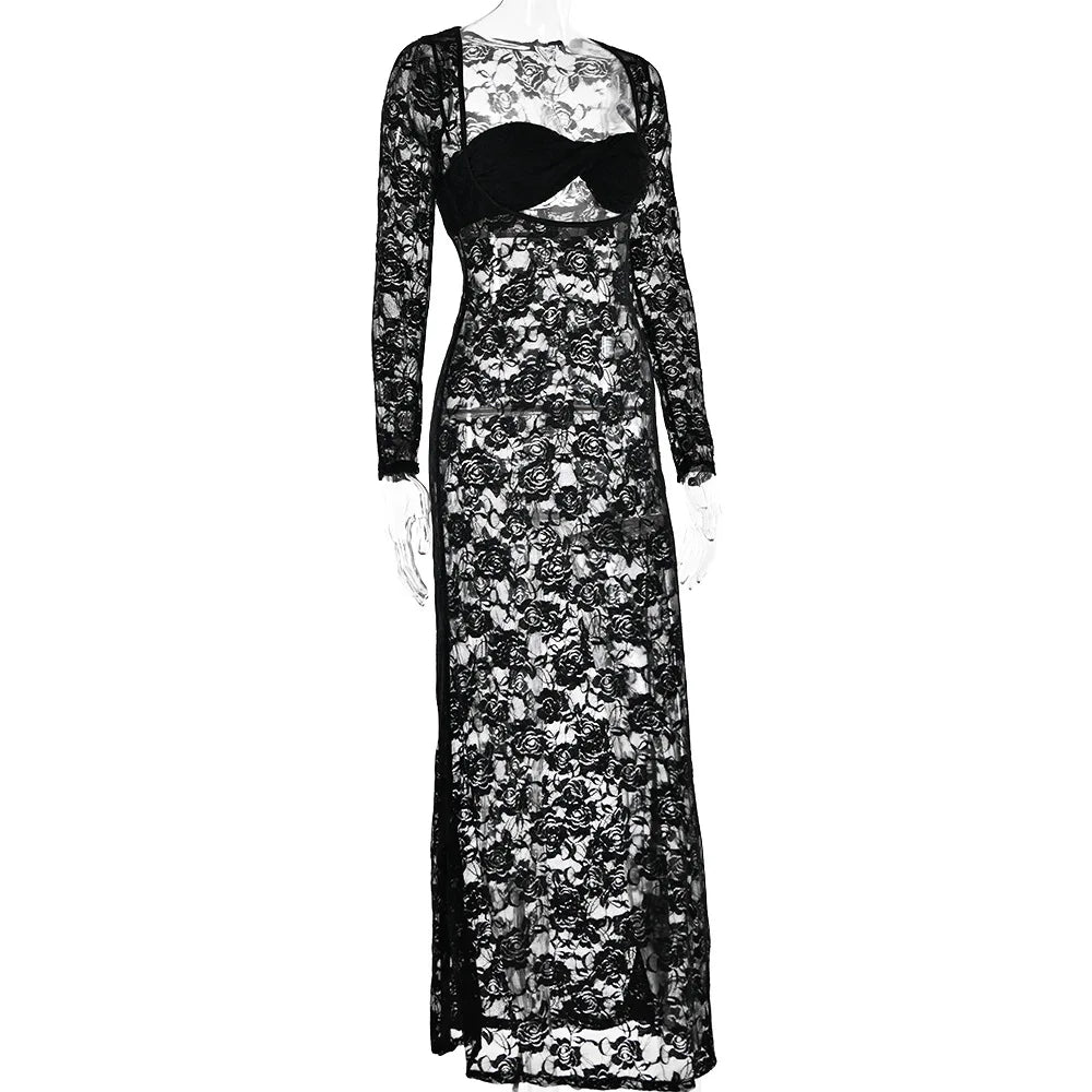 Perspective Lace Hollow Out Bodycon Maxi Dress Mssaz Desses