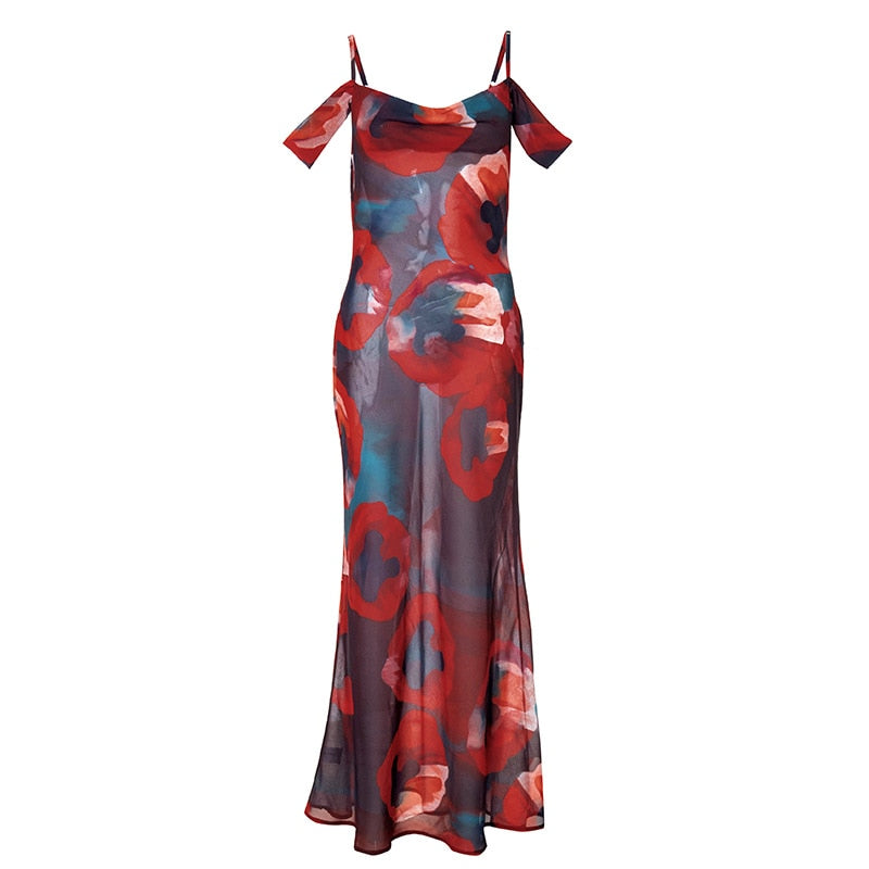 Boho Floral Holiday  Evening Party Mesh Sundress Vacation Spaghetti A-line Mssaz Desses