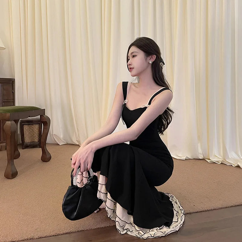 Black Ruffle Trim Fishtail Midi Dress Mssaz Desses