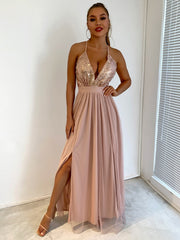 Elegant Sequins Mesh Stitching Long Party Dress Mssaz Desses