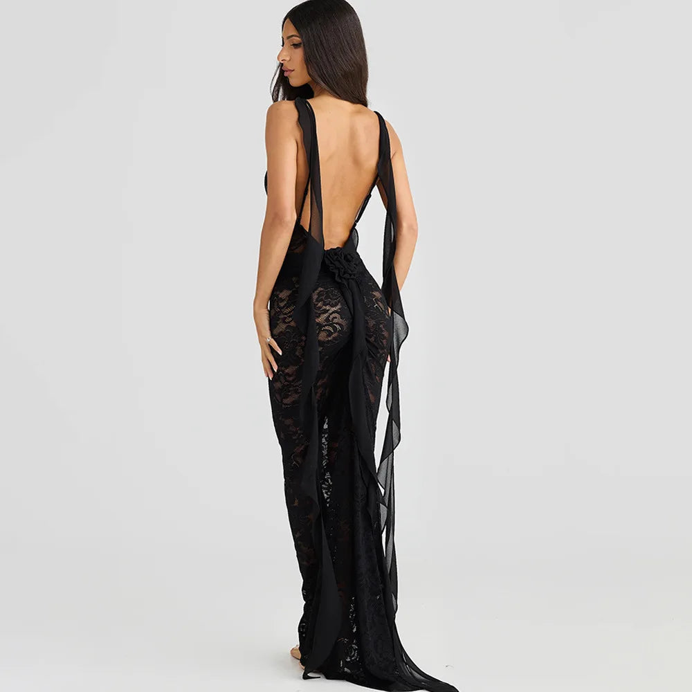 Lace Patchwork Backless Trailing Long Dress Mssaz Desses