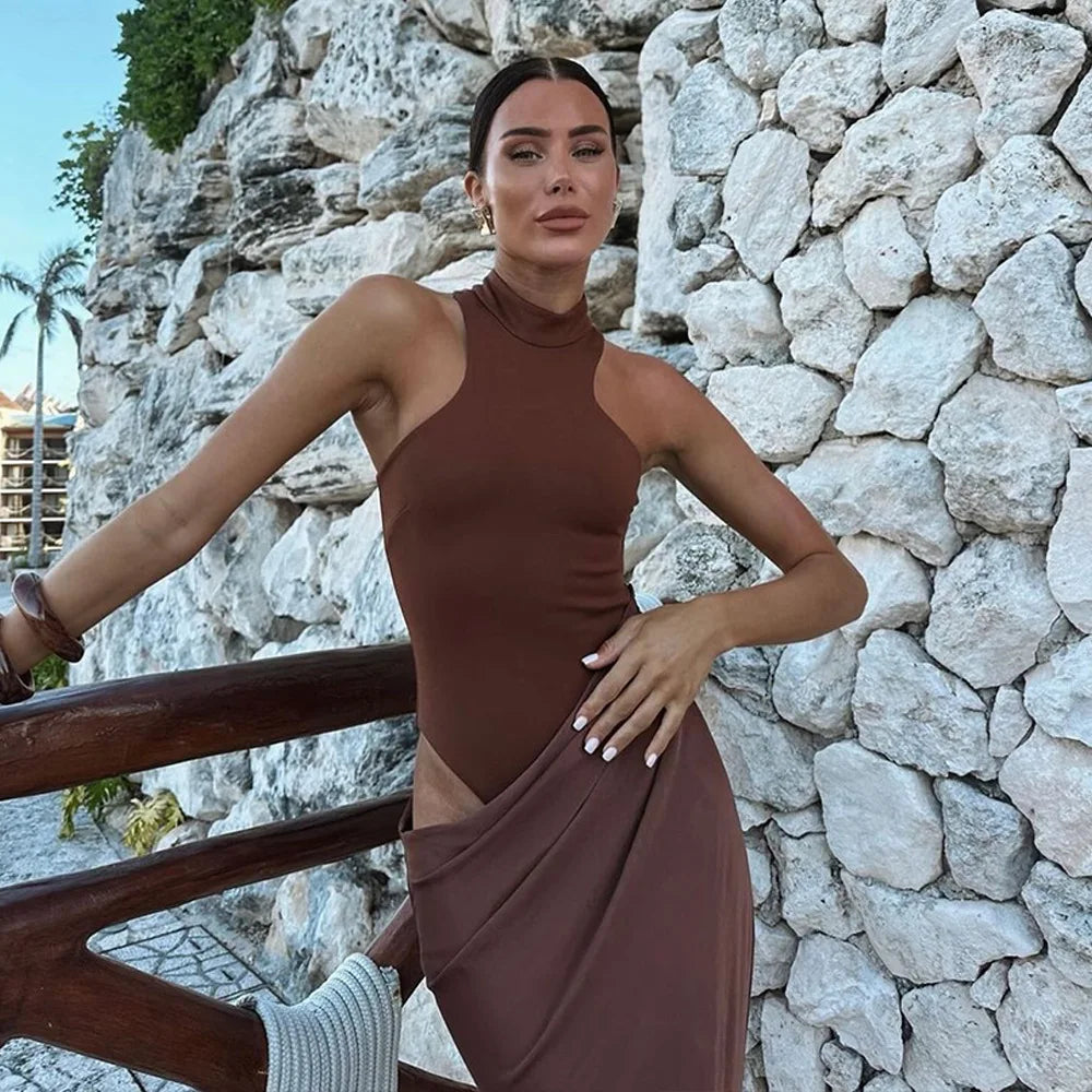 Satin Sleeveless High Neck Dress Mssaz Desses