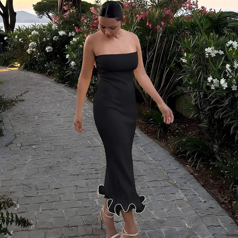 Frill Trim Tube Midi Dress Mssaz Desses