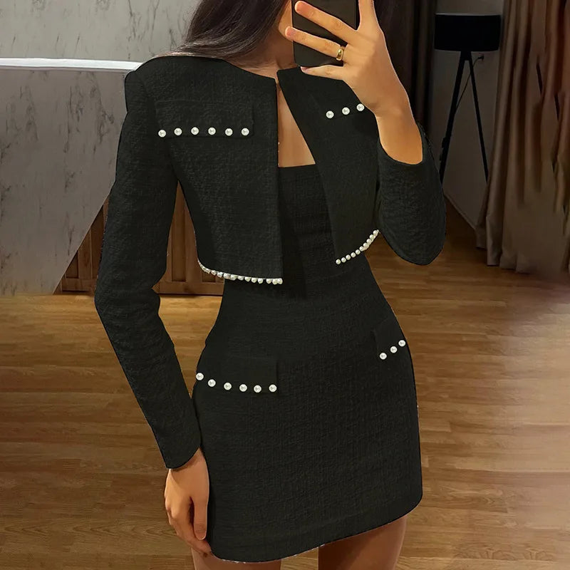 Pearl Long Sleeve Coat And Mini Strapless Dress Sets Mssaz Desses