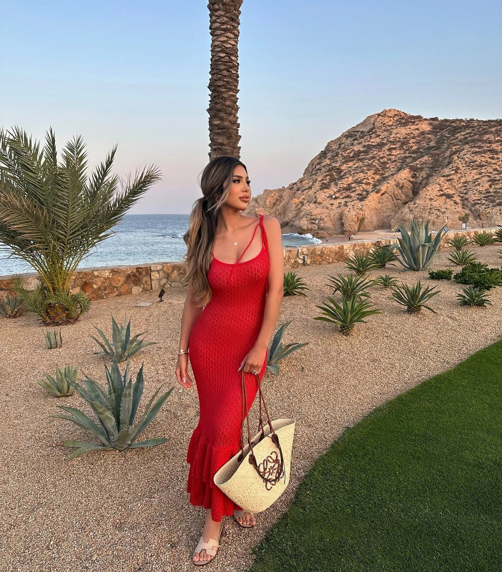 Spaghetti Ruffle Wrap Knit Beach Dress Mssaz Desses